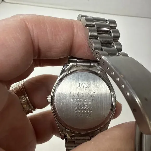 Citizen Quartz Watch WR50 Stainless Steel, White Dial, Engraved “Love Mom & Dad”